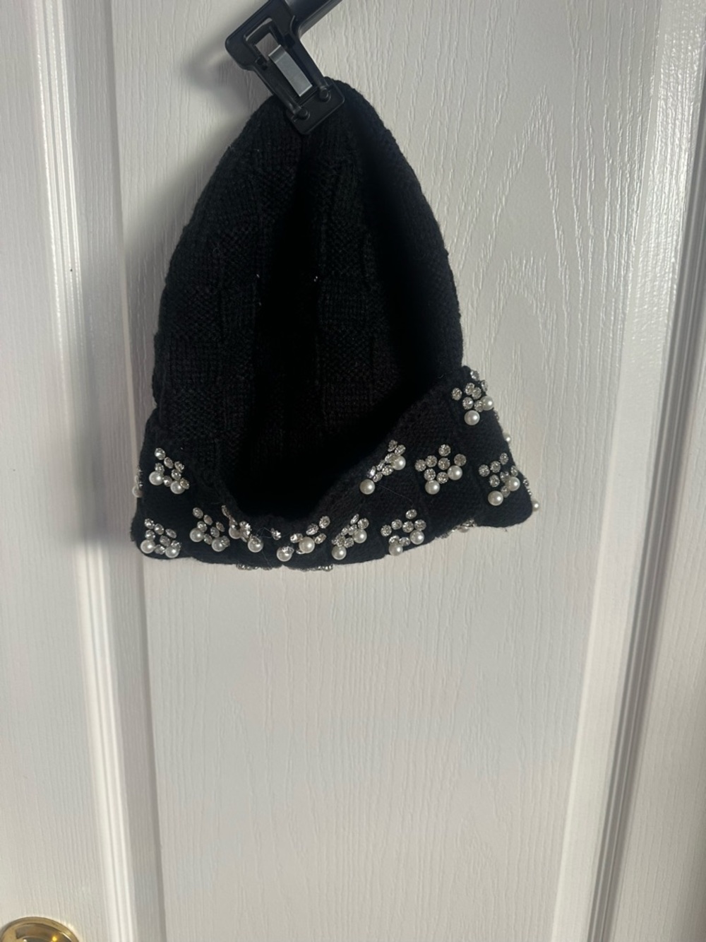 Maeve Black Knit Beanie with Pearl & Rhinestone Clusters